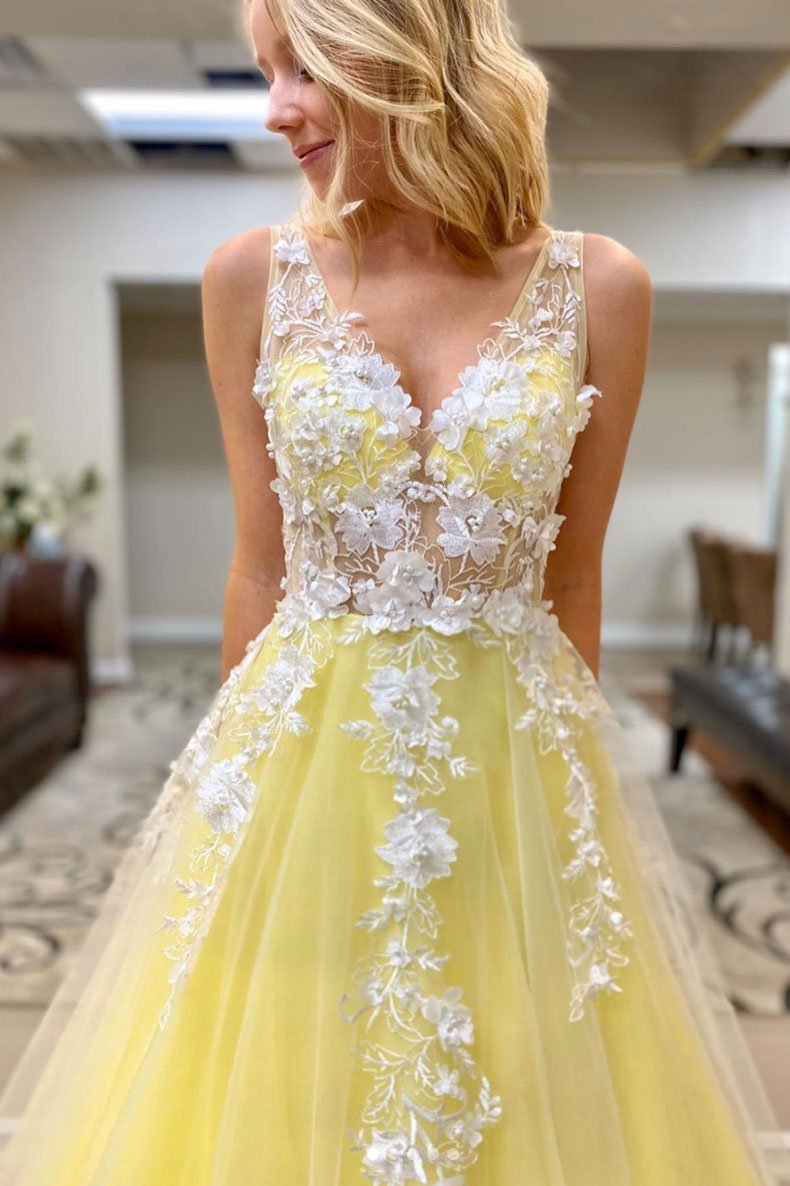 Beauty Yellow Long A-line Prom Dresses For Teens Elegant Princess Dress Y0018