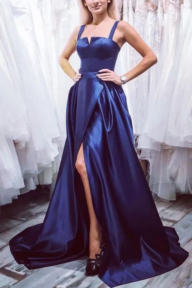 Front Split Long Simple Style Dark Blue Prom Dresses For Teens Y0019