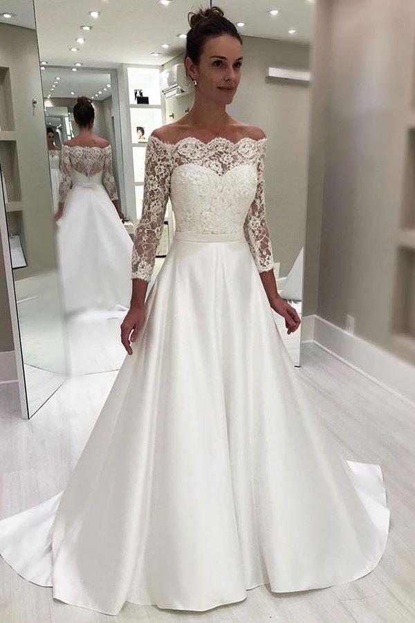 Elegant Satin Lace Long Zipper Back A-line Modest Wedding Dresses Y0022