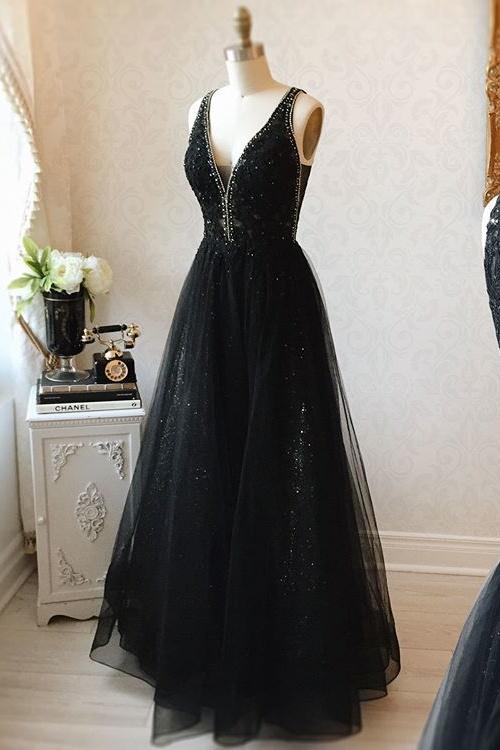 V-neck Black Floor Length Long Prom Dresses Modest Party Gowns Y0024