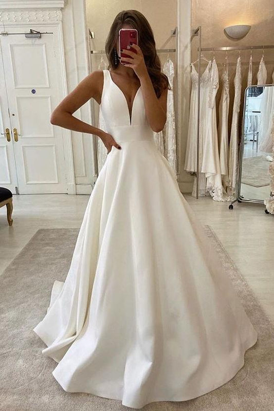 New Arrival V-neck Ivory Simple A-line Prom Dresses Beach Wedding Dresses Y0025