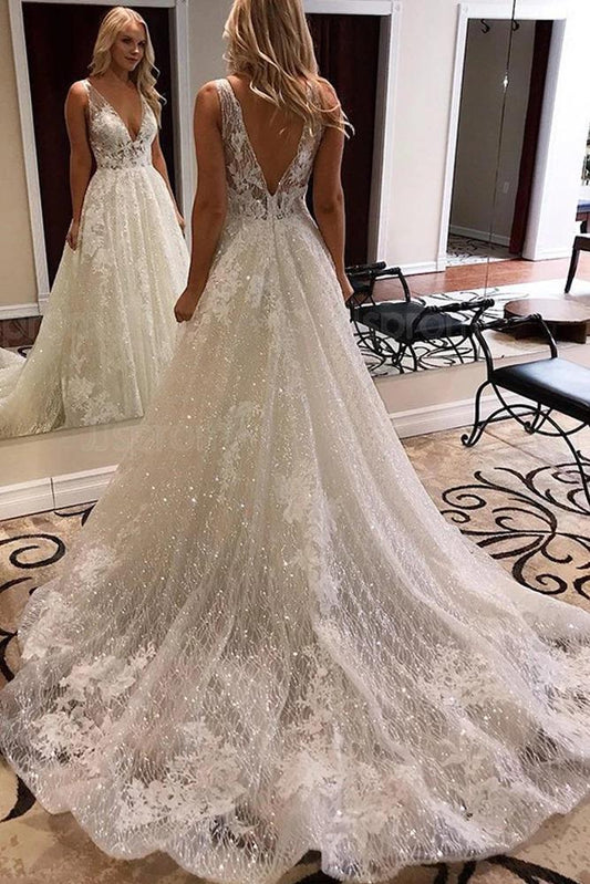 Newest V-neck Backless Ivory Saprkly Lace Wedding Dresses Bridal Gowns Y0034