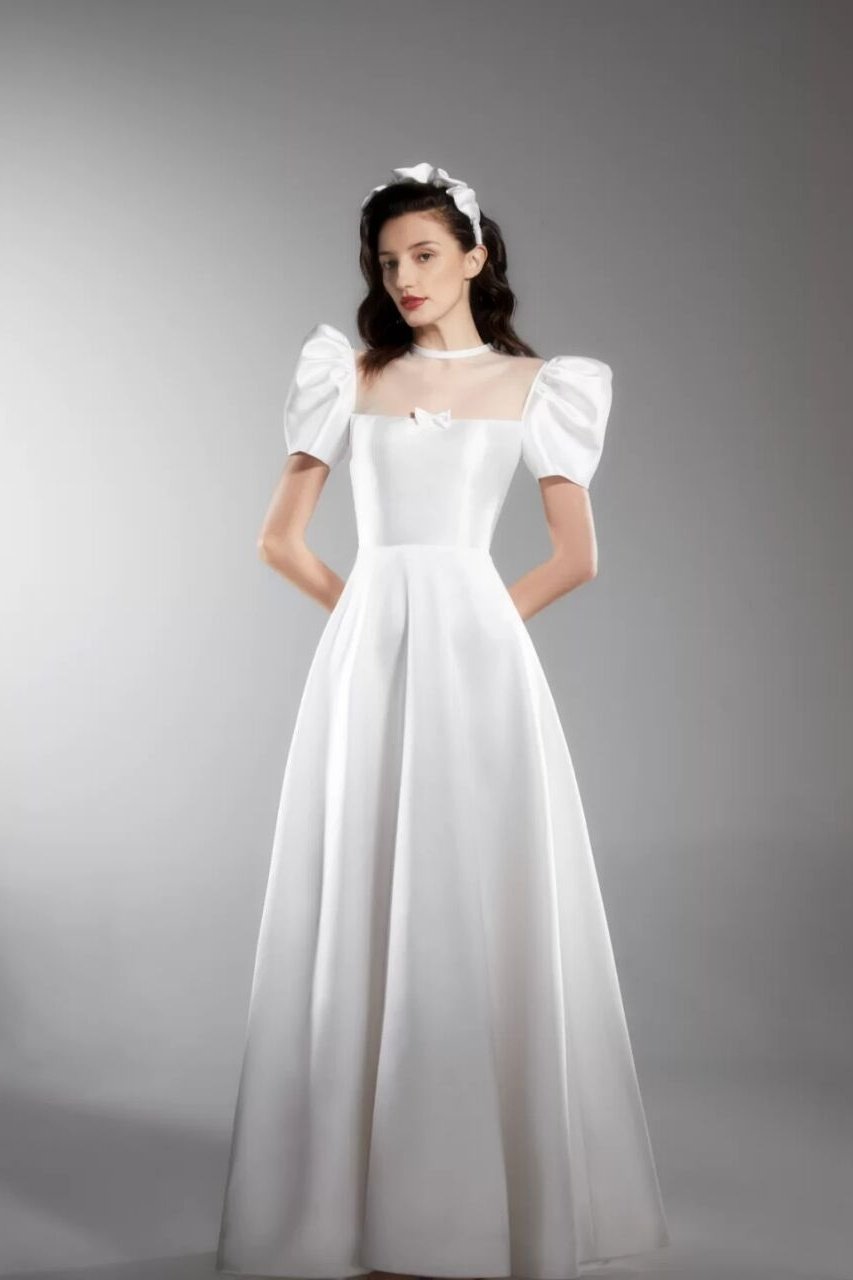 Vintage White Satin A-line Simpel Style Disney Long Wedding Dresses With Puff Sleeves Y0046