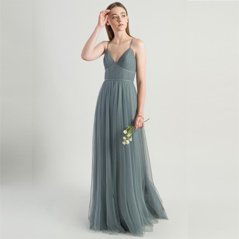 Charming Spaghetti Straps Flowy Backless Tulle Long Simple Prom Dresses Bridesmaid Dress Y0051