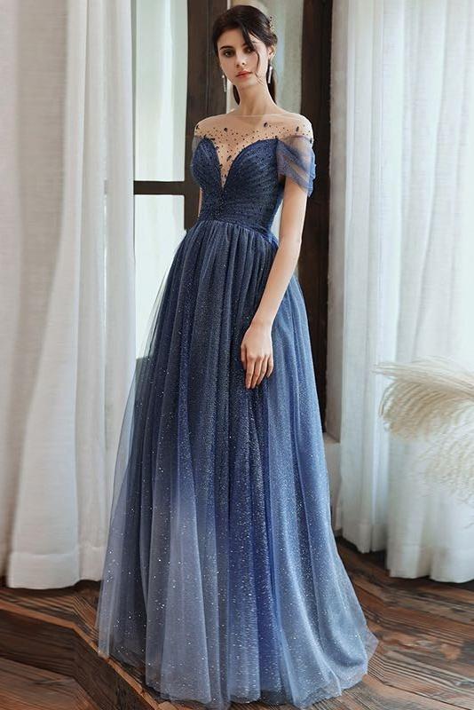 Newest Short Sleeves Beaidng A-line Ombre Long Princess Prom Dresses Y0053