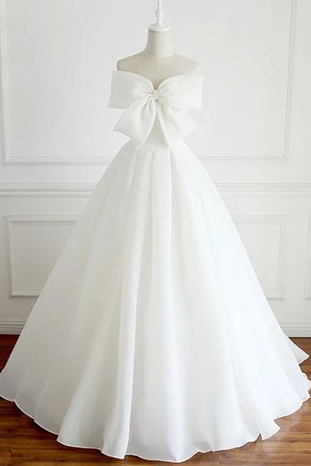 Charming Long Simple Ivory Wedding Dresses Bridal Gown With Bowknot Y0061