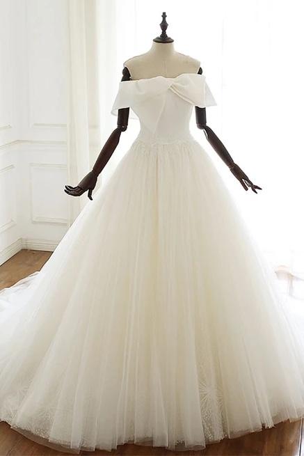 Off The Shoulder Simple Lace Up Ivory Tulle Wedding Dresses Elegant Bridal Gowns Y0062