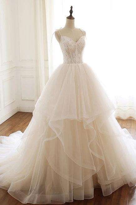 Modest Spaghetti Straps Long Ball Gown Lace Up Wedding Dresses Y0064