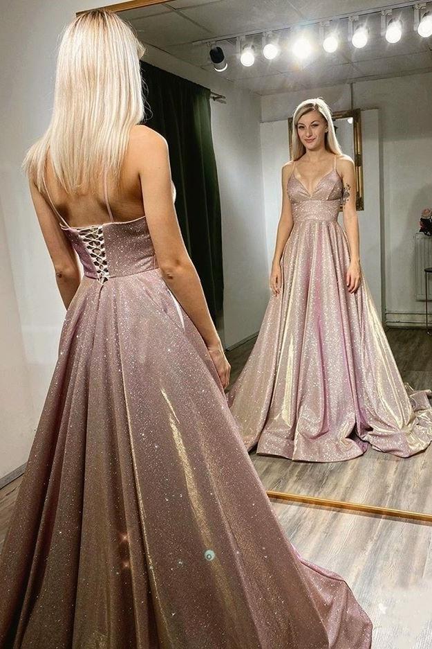 Beautiful A-line Spaghetti Straps Long Sequin Shiny Prom Dresses Party Gowns Y0068