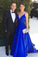 A-line Spaghetti Straps Long V-neck Royal Blue Simple Prom Dresses Y0075