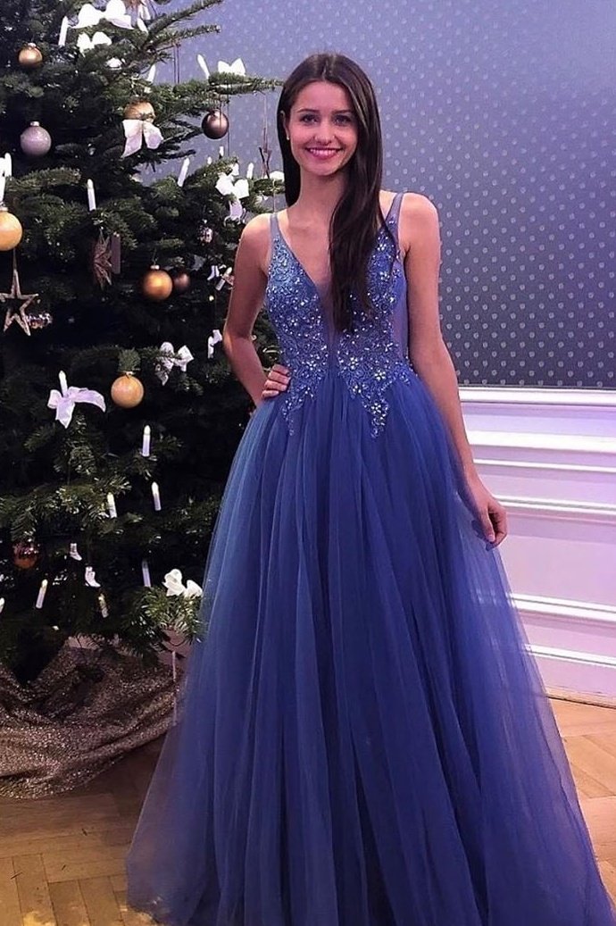 Flowy V-neck Simple Lace Tulle Beading Long Blue A-line Party Prom Dresses Y0085