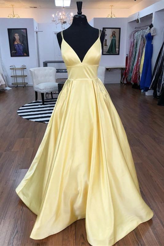 Spaghetti Straps V-neck Long Daffodil Simple Satin Prom Dresses Y0102