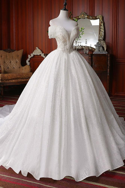 Pretty Off The Shoulder Ball Gown Beading Wedding Dresses Modest Bridal Gowns Y0106