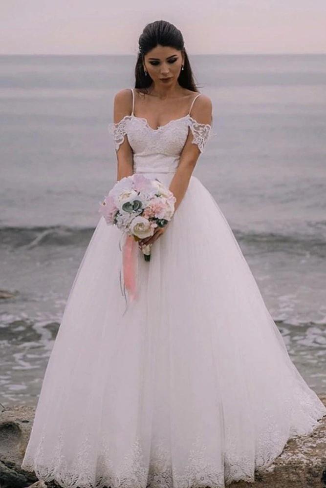 Elegant Spaghetti Straps Lace Tulle Long Princess Wedding Dresses Y0108