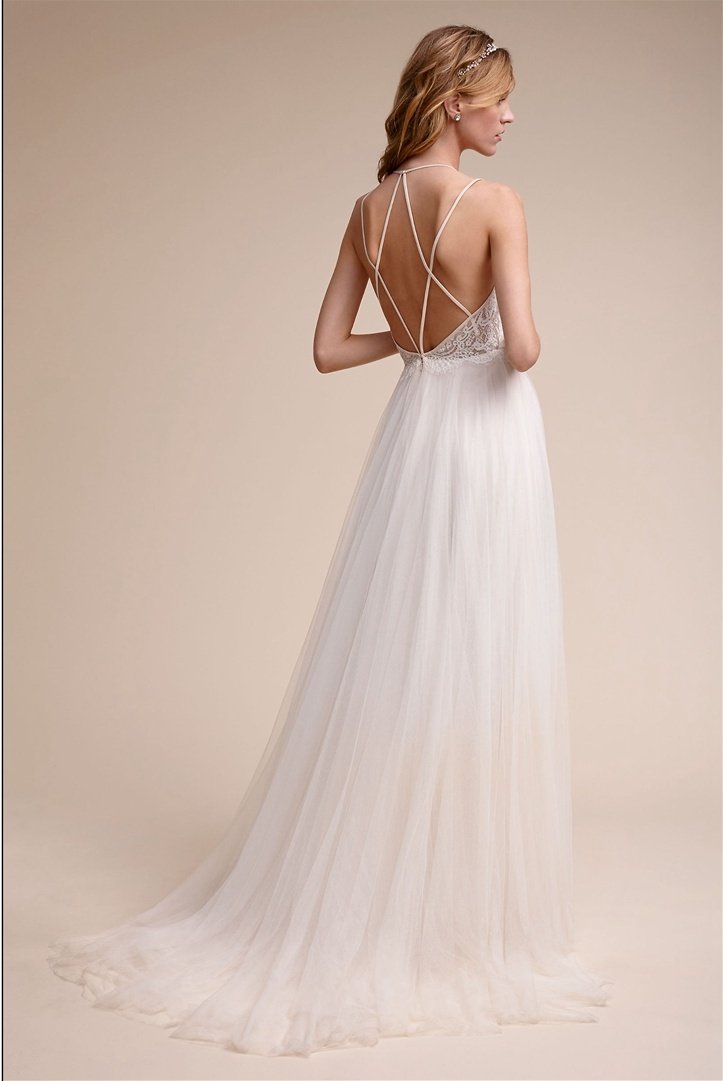 Simple Lace Tulle Long Backless A-line Beach Wedding Dresses Y0109