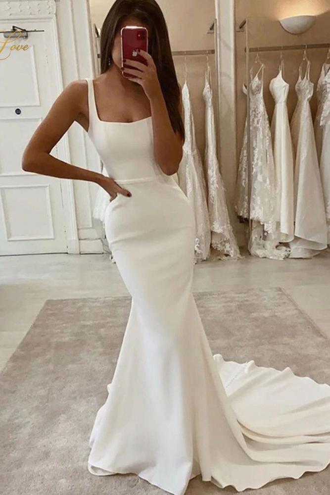 Simple Square Neckling Mermaid Long Wedding Dresses Classy Bridal Gowns Y0112