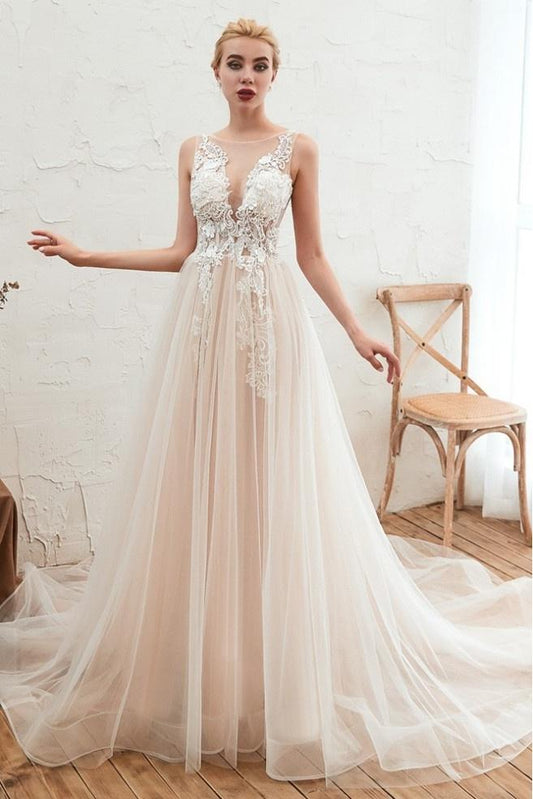 Classy Scoop Neckling A-line Long Tulle Wedding Dresses With Appliques Y0113