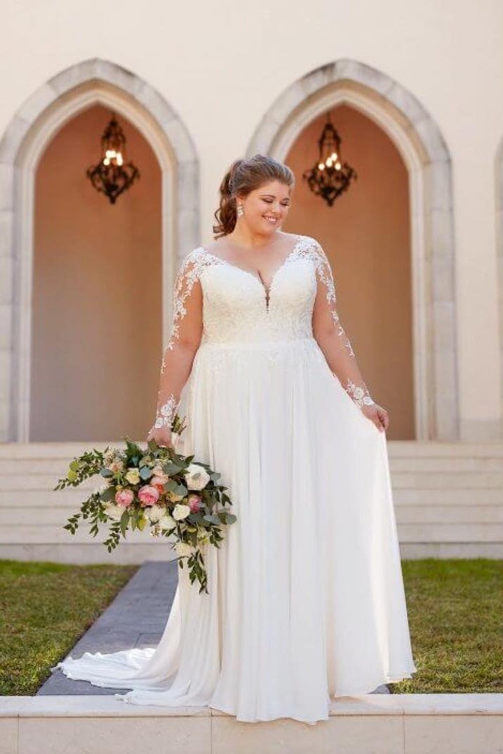 Modest Long Sleeves Lace Chiffon V-neck Plus Sizes Beach Wedding Dresses Y0114