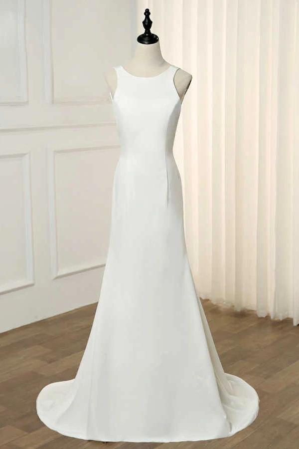 Chic Simple Elegant Scoop Neckling Long Ivory Wedding Dresses Y0115