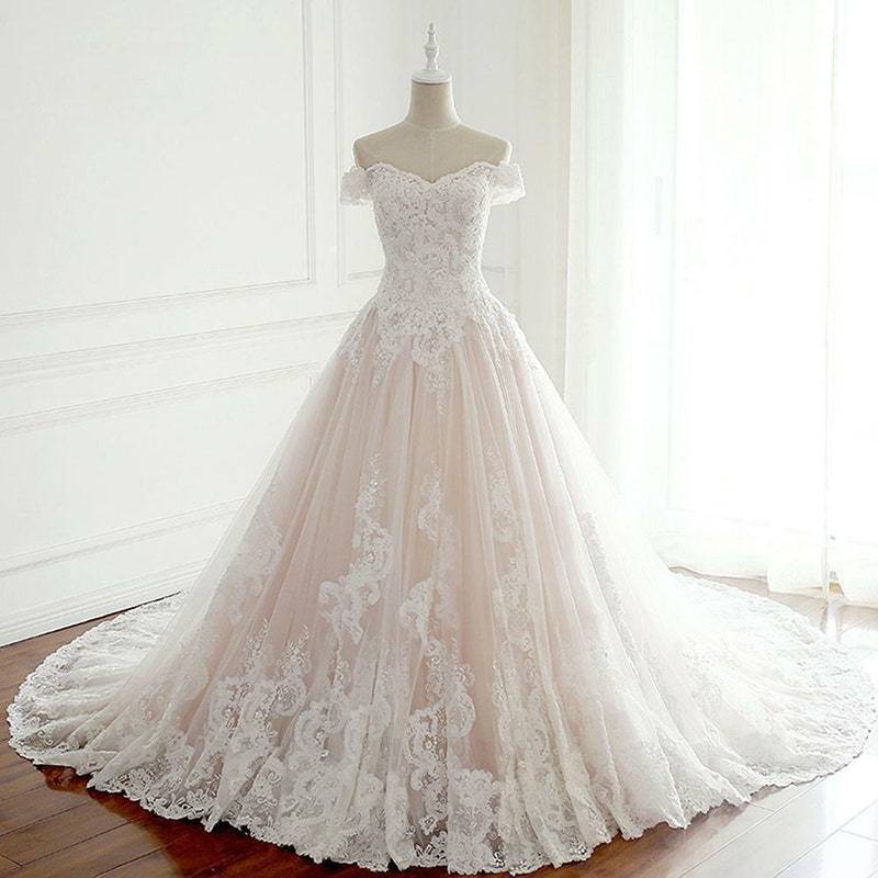 Modest Off The Shoulder Lace Tulle Ball Gown Wedding Dresses Y0123