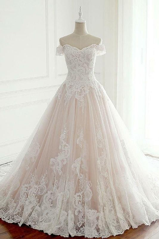 Modest Off The Shoulder Lace Tulle Ball Gown Wedding Dresses Y0123