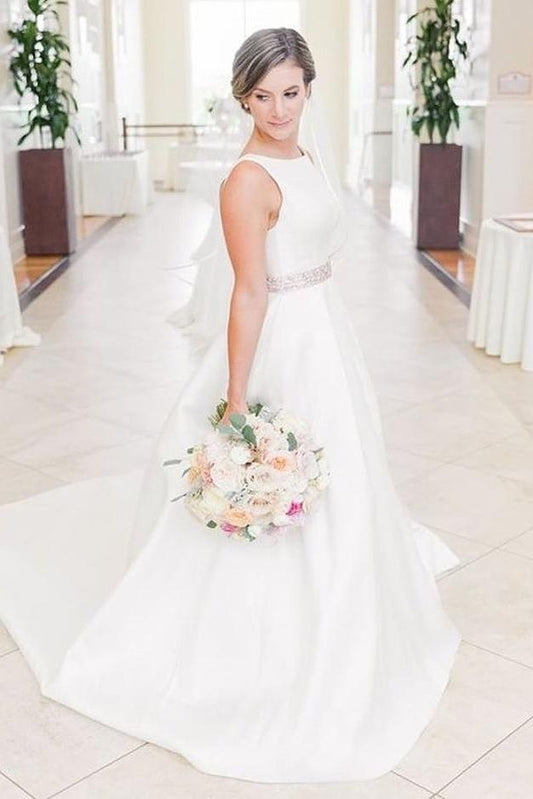 Simple Ivory Satin Long A-line Wedding Dresses Bridal Dress For Women Y0127