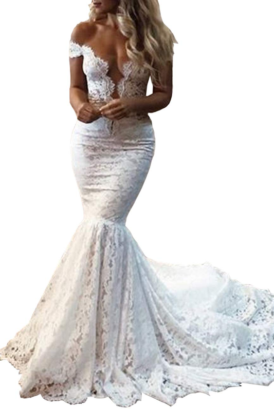 Pretty Off The Shoulder Elegant Mermaid Long Lace Wedding Dresses Y0128