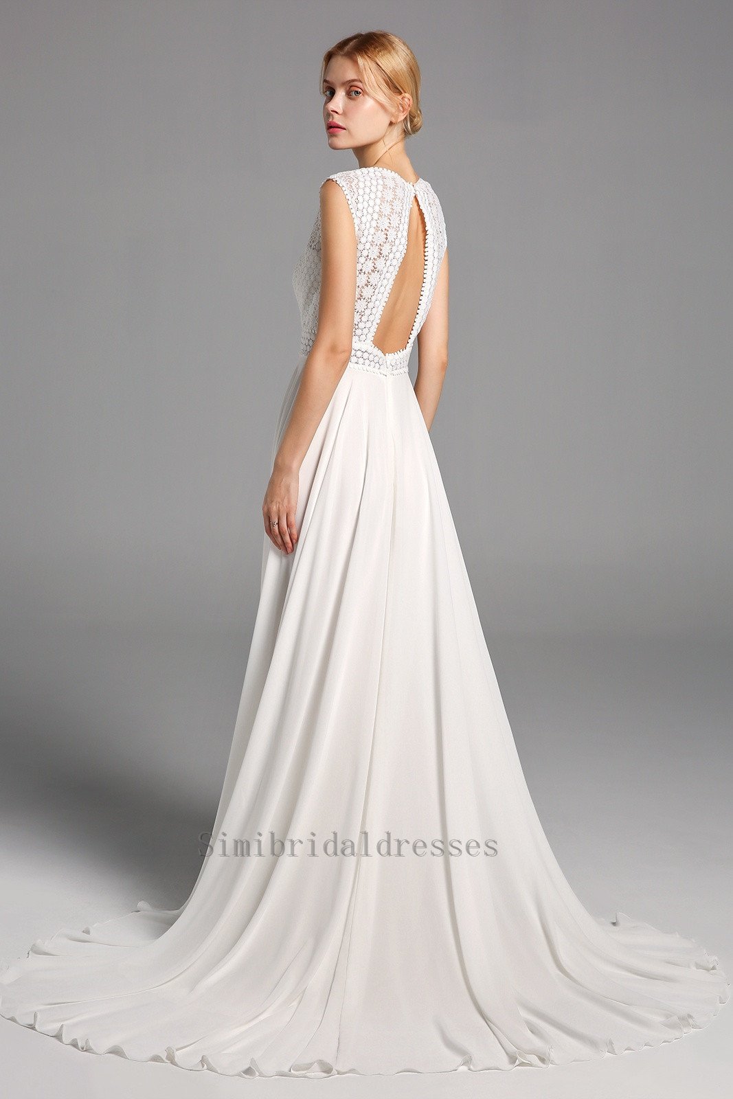 Newest Simple Long Lace Chiffon Open Back Beach Wedding Dresses Y0130