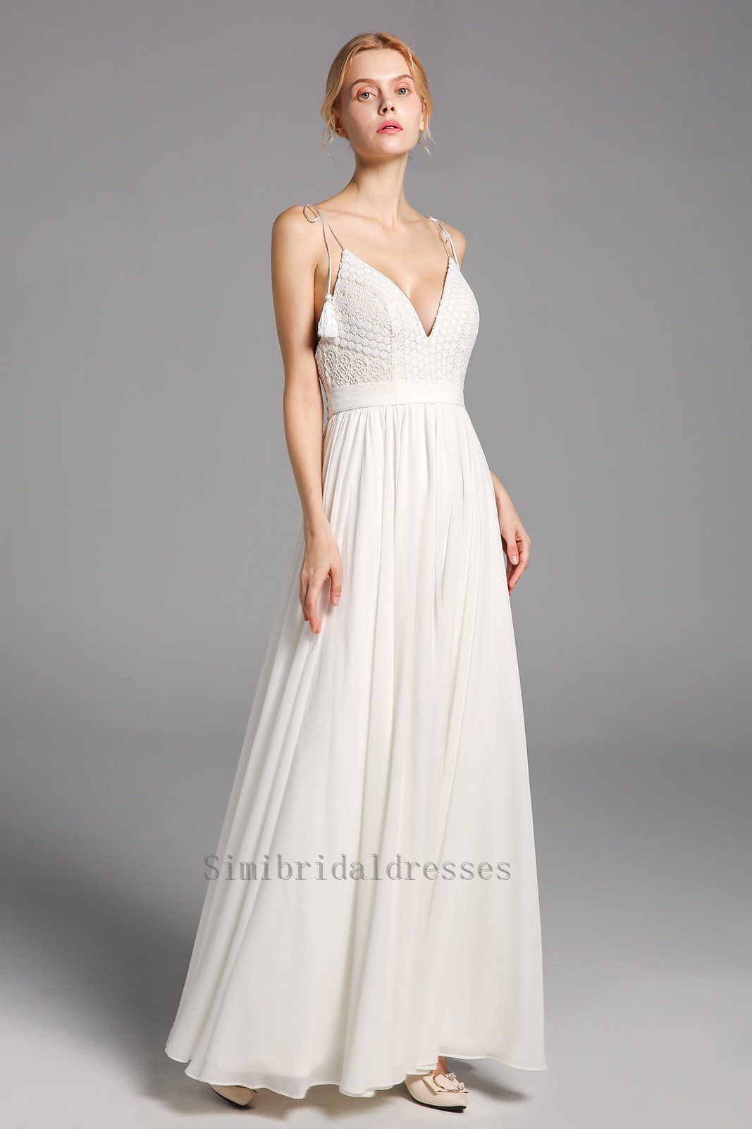 Elegant Simple Spaghetti Straps V-neck Lace Chiffon Long Beach Wedding Dresses Y0131