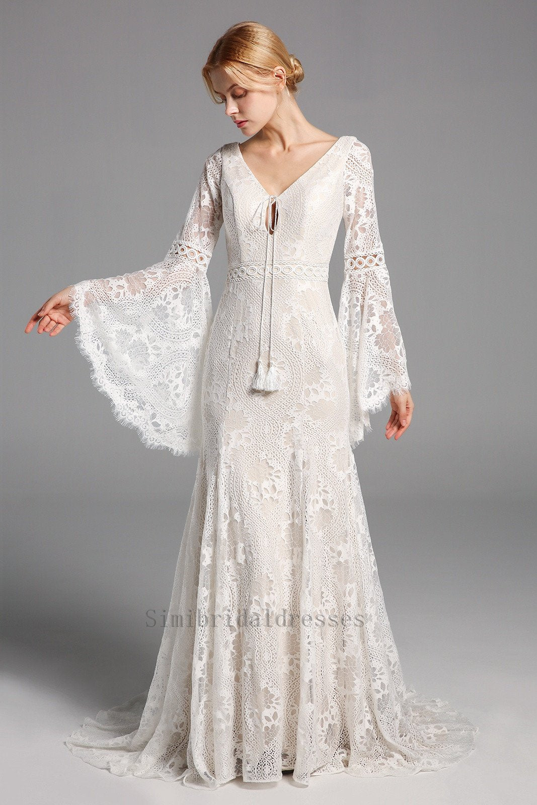 New Arrival Boho Long Sleeves Lace Beach Wedding Dresses Chic Bridal Gowns Y0133