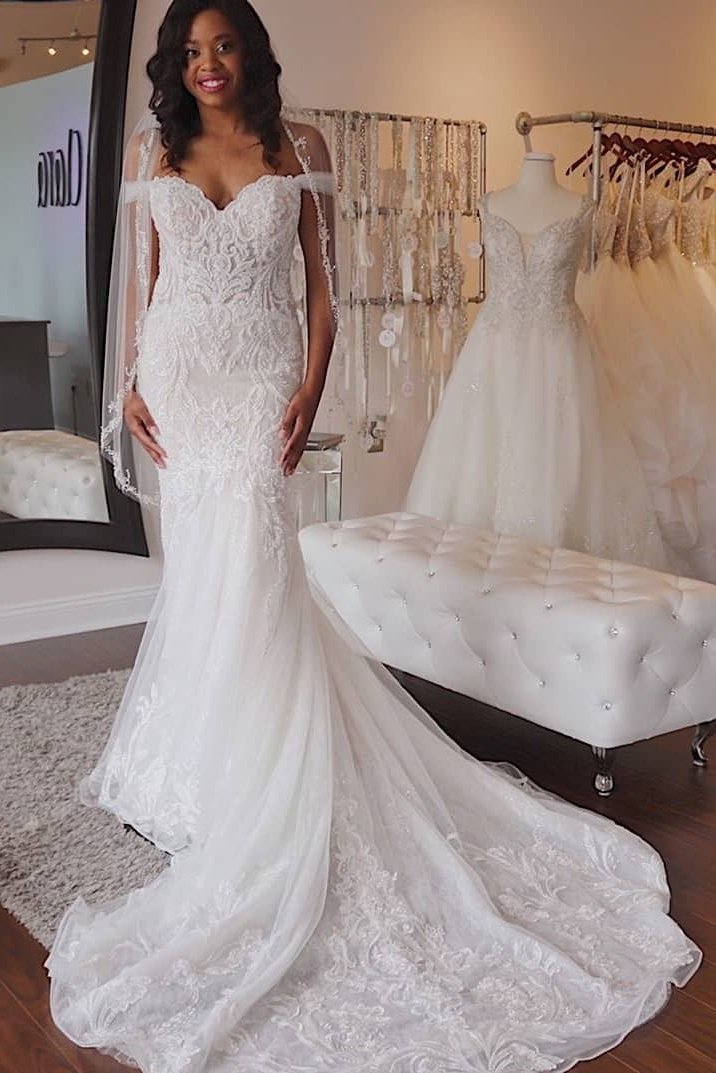 Modest Off The Shoulder Long Elegant Lace Sheath Wedding Dresses Y0145