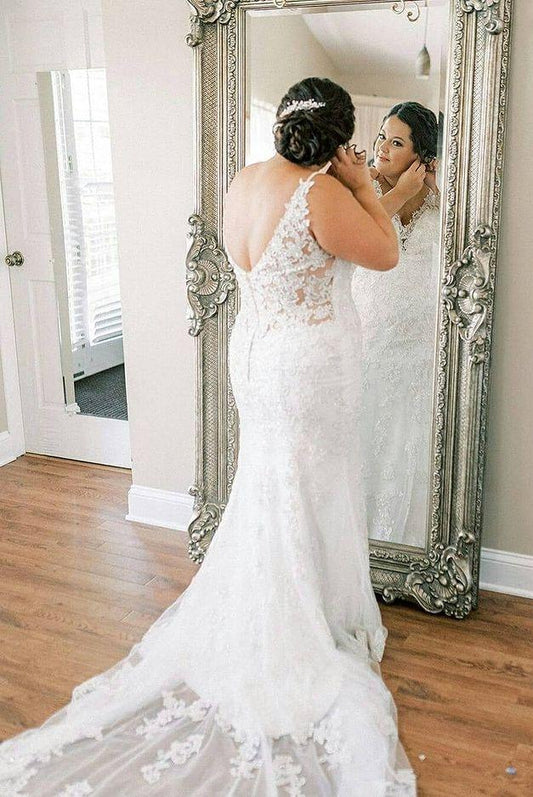 Classy Backless Long V-neck Lace Wedding Dresses Pretty Bridal Dress Y0148