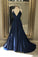 Chic Spaghetti Straps V-neck Navy Blue Simple Long Prom Dresses Y0188