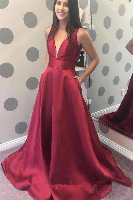 Simple A-line V-neck Satin Long Cheap Red Puffy Prom Dresses with Pocket N2034