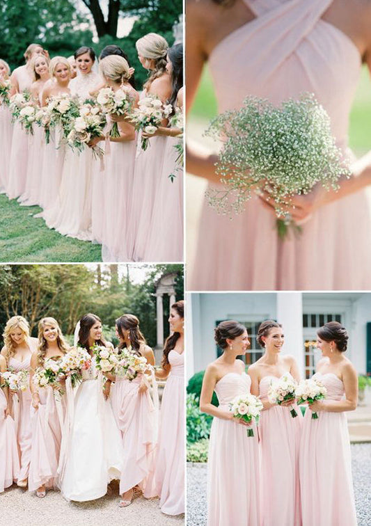 2024 Cheap A Line Blushing Pink Chiffon Long Bridesmaid Dresses / Gowns