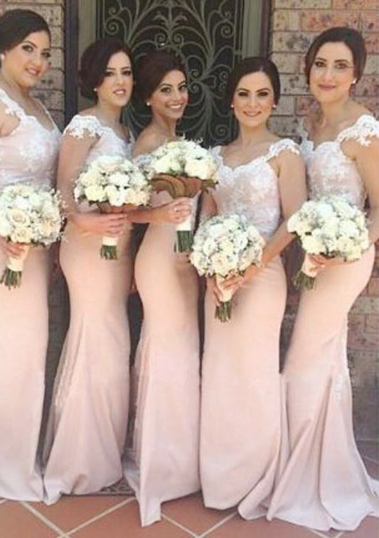2024 Charming Mermaid Pearl Pink Off The Shoulder Satin Lace Long Bridesmaid Dresses / Gowns