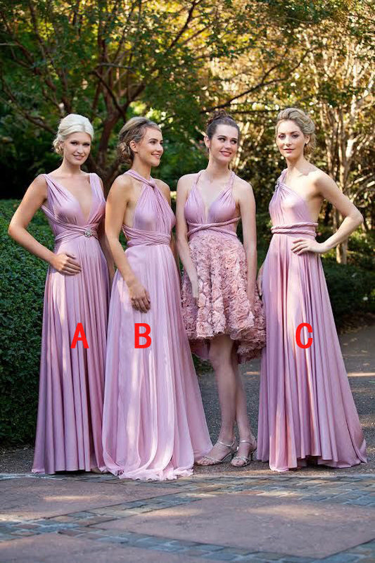 2024 Gorgeous A Line Pink Chiffon V Halter Long Bridesmaid Dresses / Gowns