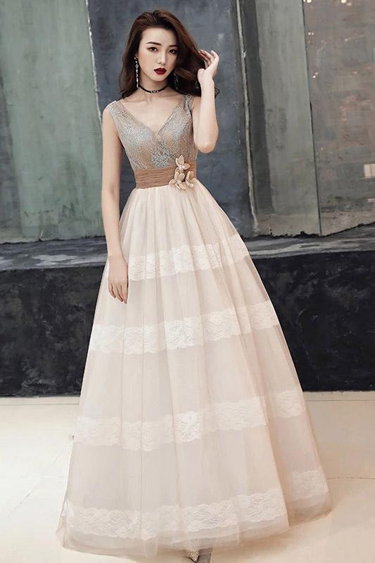Unique V Neck Tulle Lace Long Prom Dress Tulle V Back Evening Dress with Train N2092
