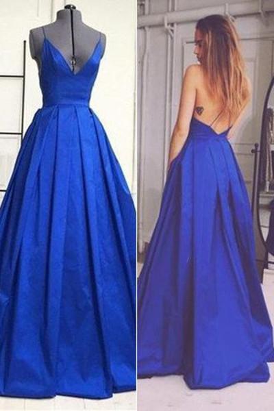 Open Back Prom Dresses,Charming V-neck Prom Gowns,Spaghetti Straps Prom Dress,A-Line Royal Blue Evening Dresses,Sexy Sleeveless Long Formal Dress,N107