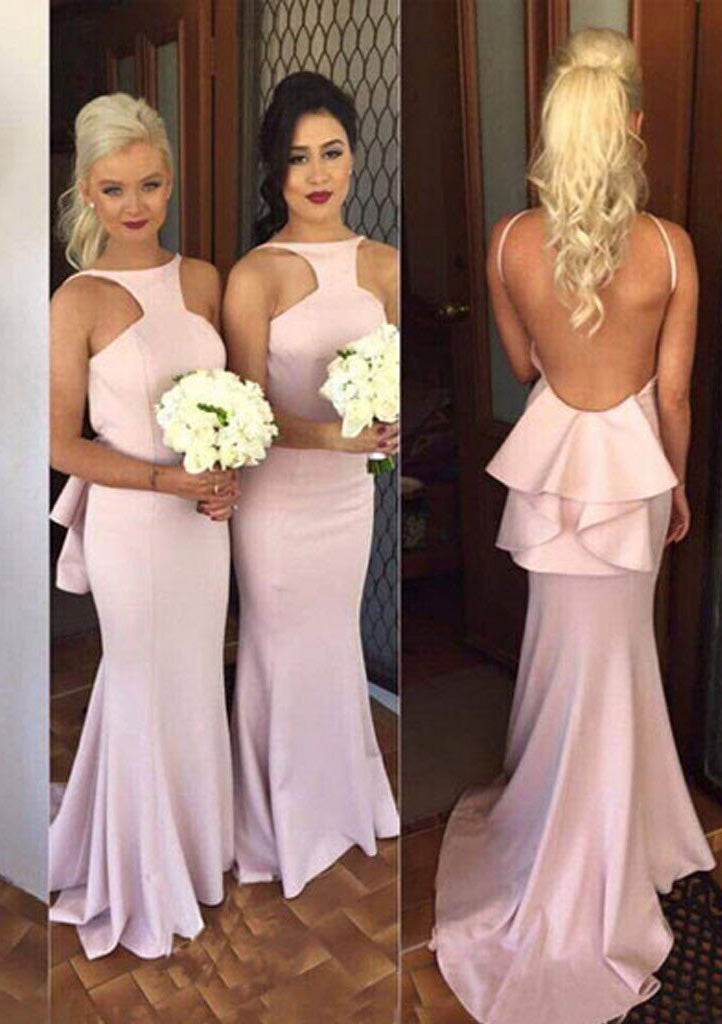 2024 New Arrival Satin Pink Backless High Neck Long Bridesmaid Dresses / Gowns