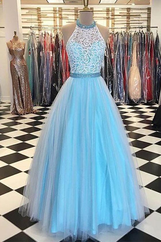 A Line Halter Lace Bodice Prom Gown,Long Tulle Sleeveless Long Evening Dresses,Formal Dress,N82
