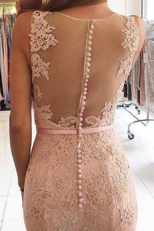 Pink Sleeveless Lace Formal Dresses, Mermaid Sheer Back Lace Prom Gown N2029
