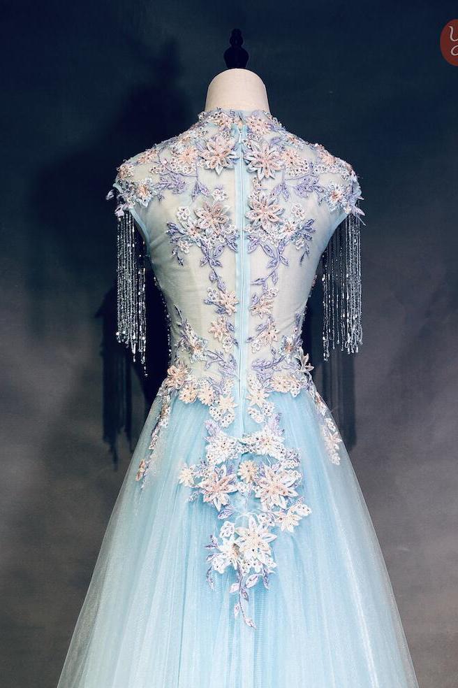 Unique Light Blue Cap Sleeves Prom Dress with Beading, Gorgeous Applique Formal Dress N1955