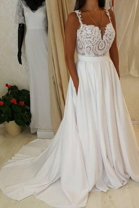 Ivory Spaghetti Strap Lace Top Wedding Dresses,A-line Sweetheart Beach Wedding Dress,N158