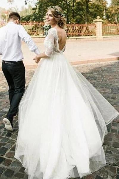Puffy Half Sleeves Backless Wedding Dresses, Floor Length Long Beach Wedding Dress N2250