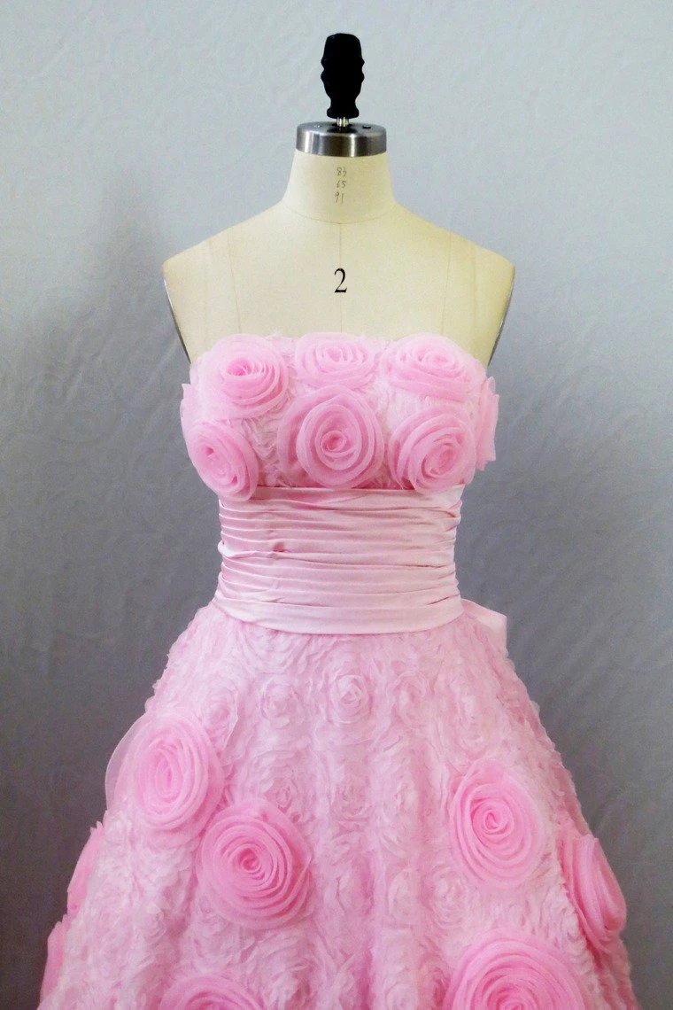 Strapless A Line Prom Dress with Flowers, Unique Pink Sweep Train Party Dresses N2615