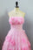Strapless A Line Prom Dress with Flowers, Unique Pink Sweep Train Party Dresses N2615