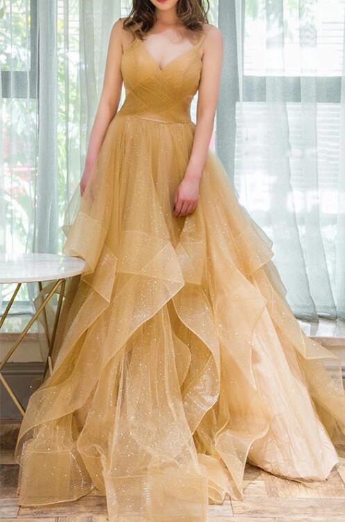 Spaghetti Straps V Neck Sparky Long Prom Dress, Backless Pleated Tulle Party Dresses N2587
