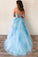 A Line Sky Blue Lace Backless Long Prom Dresses, Backless Sky Blue Lace Formal Dresses N2588