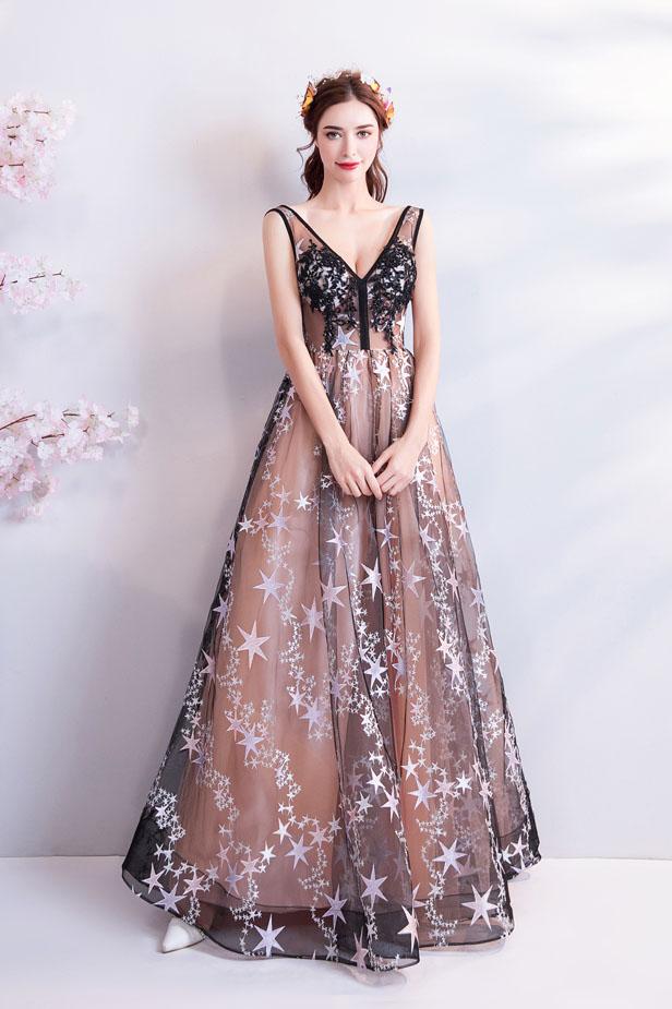 Charming Floor Length Sleeveless Prom Dress with Stars, A Line Appliques Evening Dress N2314